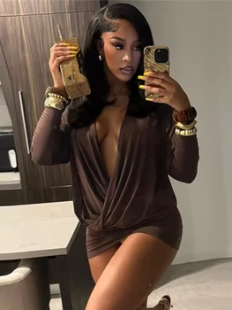 Nibber Cross Deep V-Neck Dress Women Full Sleeve Stretch Solid Midnight Street Clubwear Party Autumn Trend Elegant Mini Bodycon 1