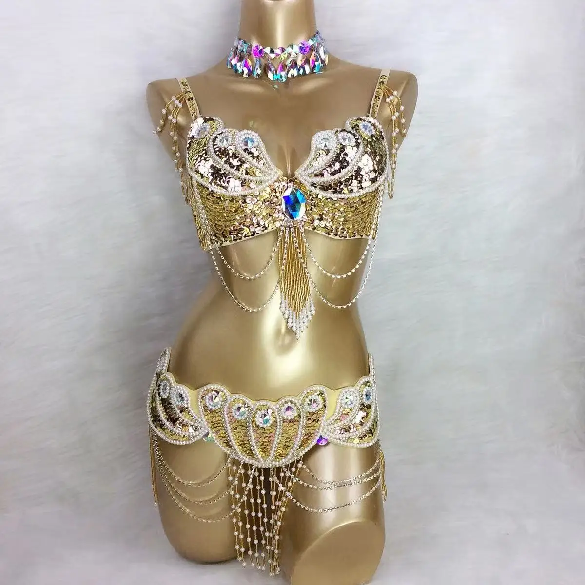 Professional Belly Dance Costume Set Women Oriental Gold Bra Waist Belt Sequin Performance Outfit 2026