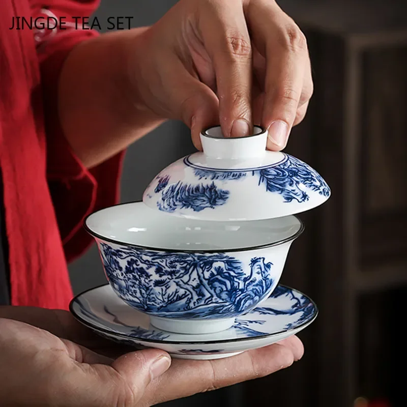 Chinese Vintage Blue and White Porcelain Gaiwan Handmade Ceramic Tea Bowl Teacup Home Teaware Tea Ceremony Personal Cup