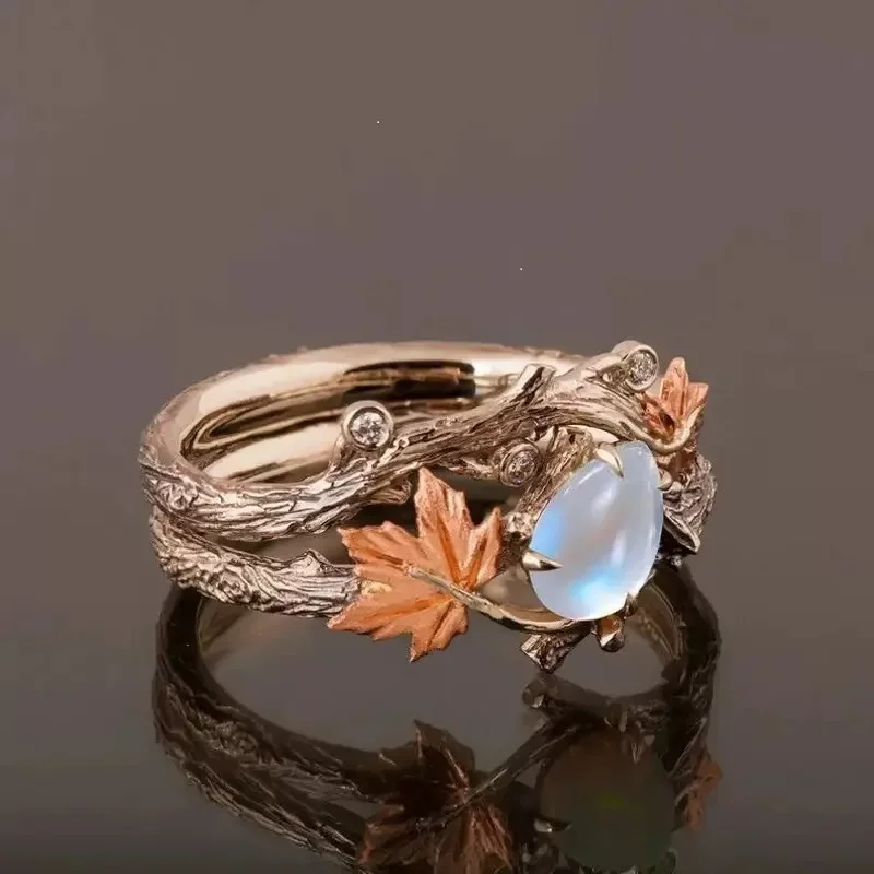 Creativity Maple Leaf Water Drop Opal Stone Rings for Women New Charm Luxury Finder Aesthetic Jewelry Wedding Anniversary Gift 3
