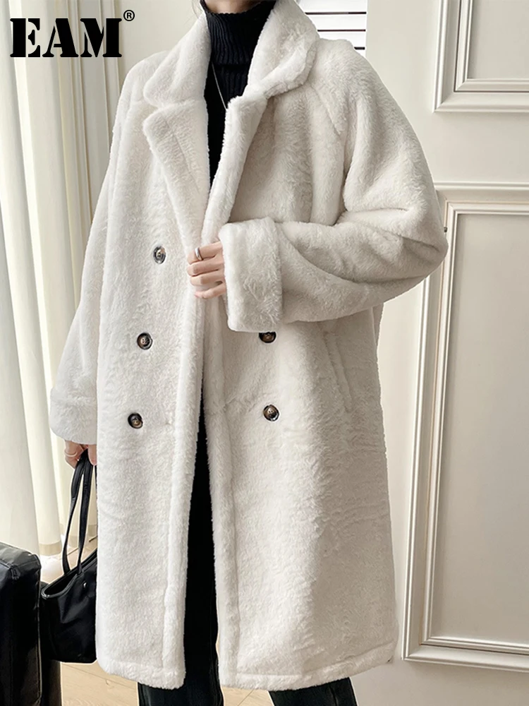 

[EAM] Apricot Big Size Warm Long Faux Fur Jacket New Lapel Long Sleeve Women Coat Fashion Tide Autumn Winter 2024 1DH4221