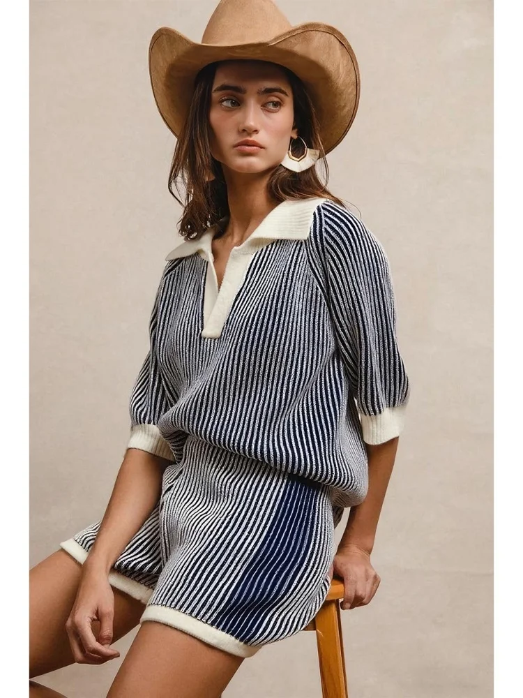 Wmstar 2025 New Women Fashionable Elegant Two Piece Sets Comfortable Loose Color Block Striped Sweater Half Sleeve Sweater