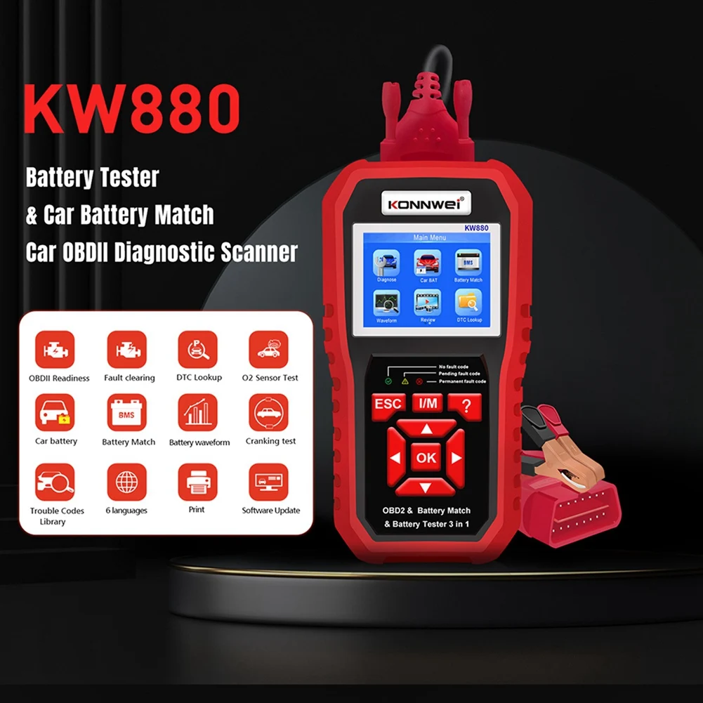 Konnwei Kw880 12V Battery Tester Car Battery Match Car Obdii Diagnostic Scanner 3 In1 Strumenti Di Test Di Ricarica Per L'Auto