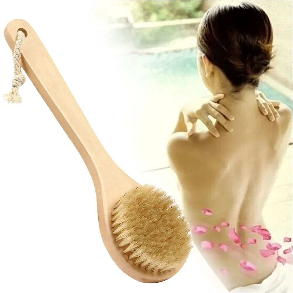 

Bathroom Accessories Skin Massage Shower Body Bath Brush Long Handle Wooden Scrub Round Head Bath Brushes