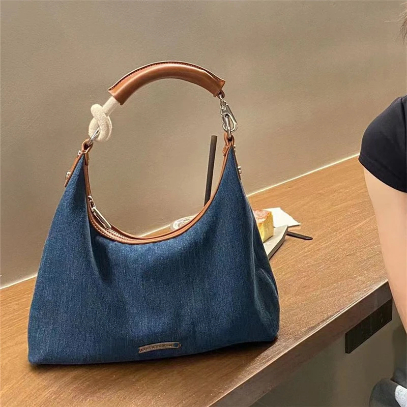 

Denim Fabric Shoulder Bags For Women 2023 Luxury Designer Purses And Handbags Blue Underarm Hobos Casual Street Crossbody Totes