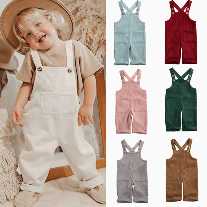 0-5Y Baby Corduroy Suspender Pants Boys Girls Autumn Clothes Kids Sleeveless Loose Overalls Romper Kids Jumpsuits with Pockets