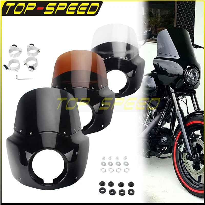 Black 5 3/4" Headlight Cowl Fairing Front Light Fairing Windshield for Harley Cafe Racer Dyna Street Bob Wide Glide Thug Style