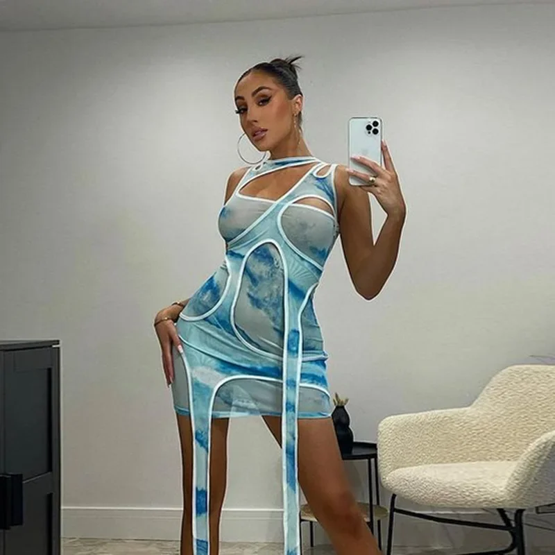 

2022 Autumn New Tie Dye Tassel Asymmetrical Mini Dress Women Sleeveless Hollow Out Sexy Sheath Bodycon Dresses Chic Clubwear