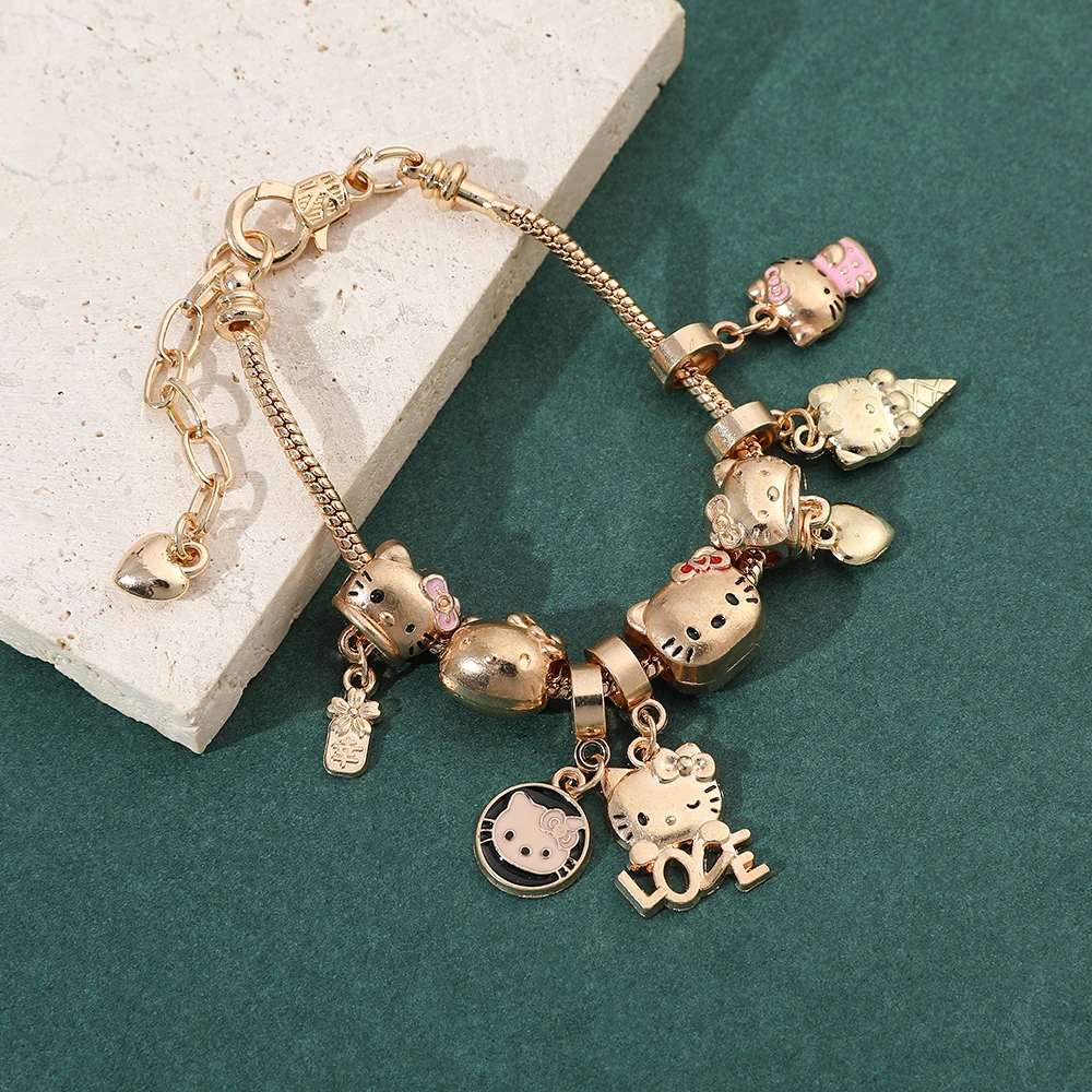 Gold Color Hello Kitty Charms Bracelets Kawaii Sanrio Anime Figure Beads  Pendant Hand Chains Fashion Women Bangles Accessories - AliExpress