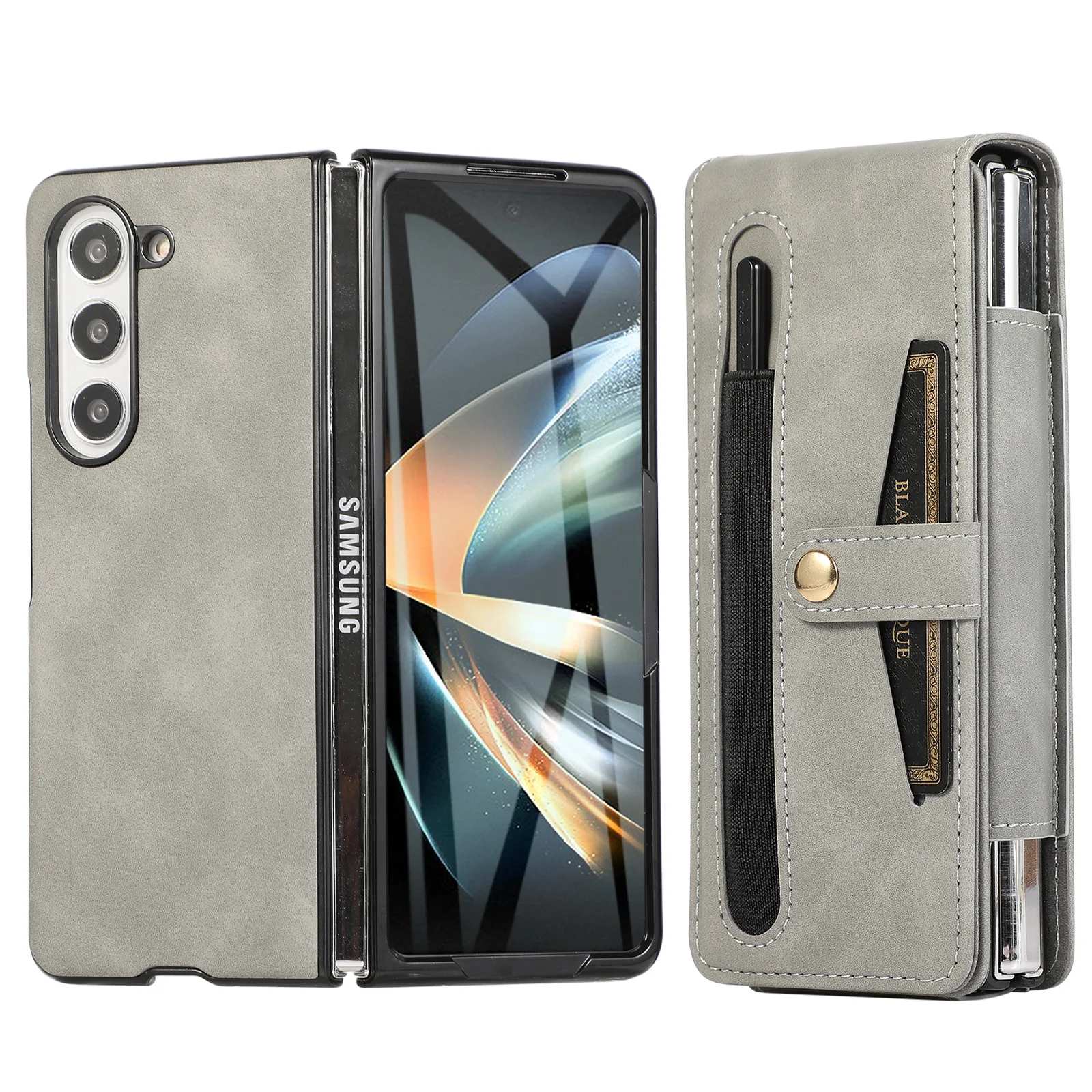 

Со стилусом простой кожаный открытый задний зажим для Samsung Galaxy Z Fold 5 4 Fold 3 2 Модный чехол для телефона с отделением для карт
