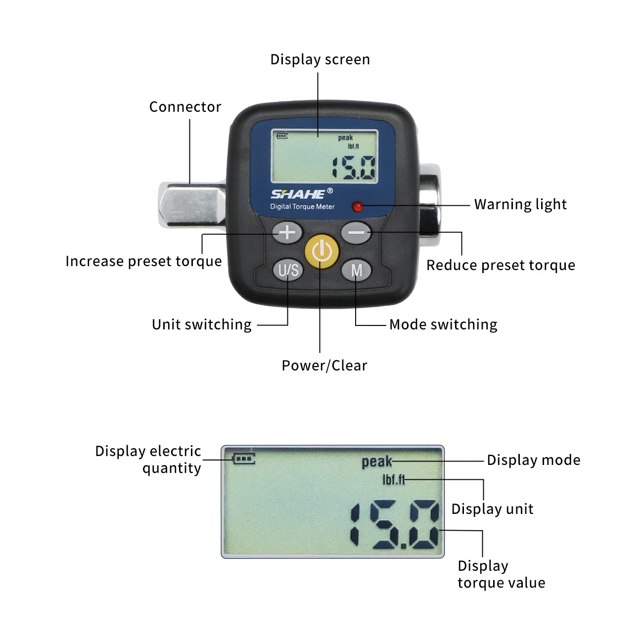 SHAHE 1/2 Zoll Antriebs-Digital-Drehmoment-Adapter-Set mit 3/8 Zoll und 1/4 Zoll Adapter-Summer/LED-Blitzbenachrichtigung für die Motorrad-Autoreparatur – Detail 7