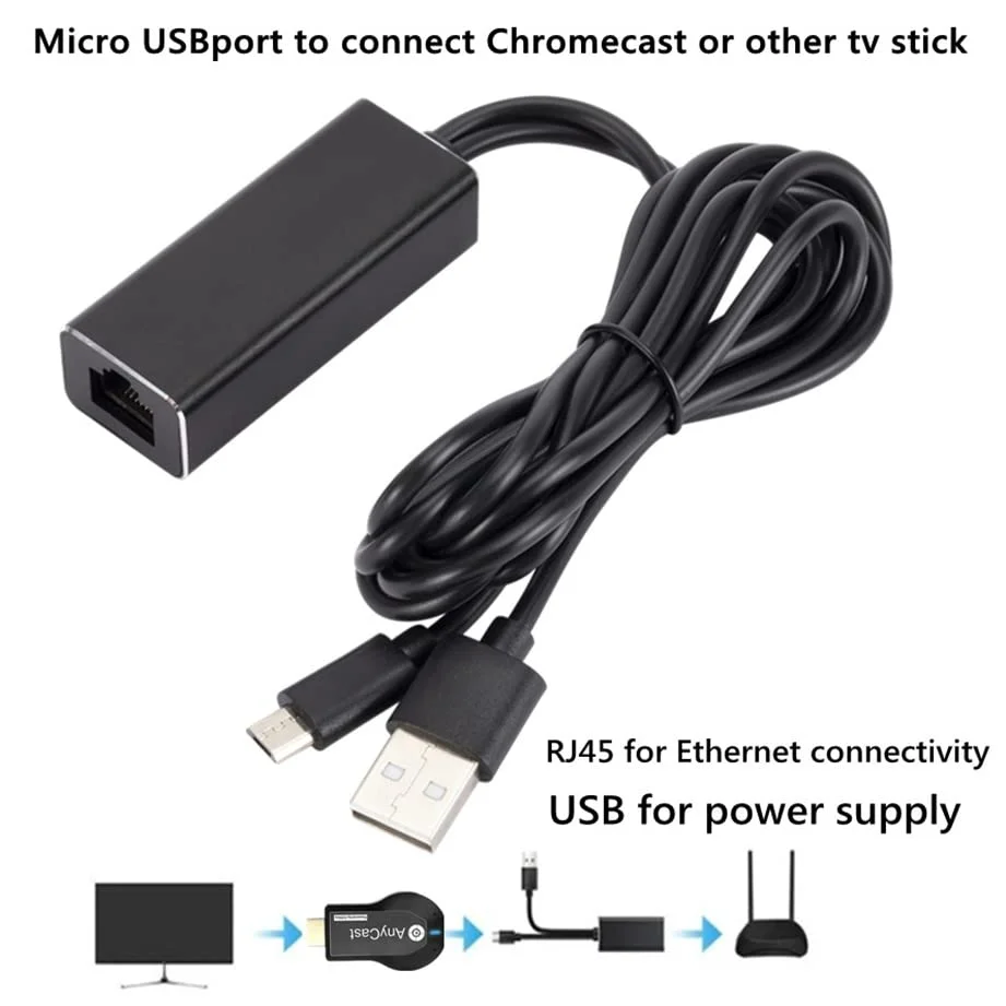 파이어 TV 스틱 이더넷 어댑터 마이크로 USB - RJ45 LAN 포트 네트워크 카드 (3FT USB 전원 공급 케이블 포함, TV 스틱 및 크롬캐스트용)