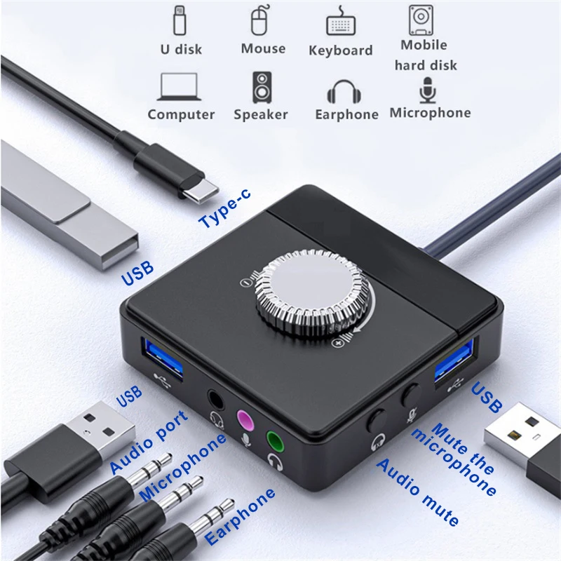 Nworld USB 외부 사운드 카드 3 포트-3.5mm 잭 PC 드라이버 프리 볼륨 조절 가능한 사운드 카드 외부 스테레오 오디오 어댑터