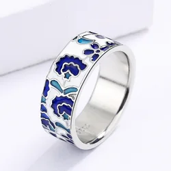 Exquisite 925 Silver Blue Enamel Flower Bridal Ring - Handmade Fashion Jewelry - 8 (WHITE)