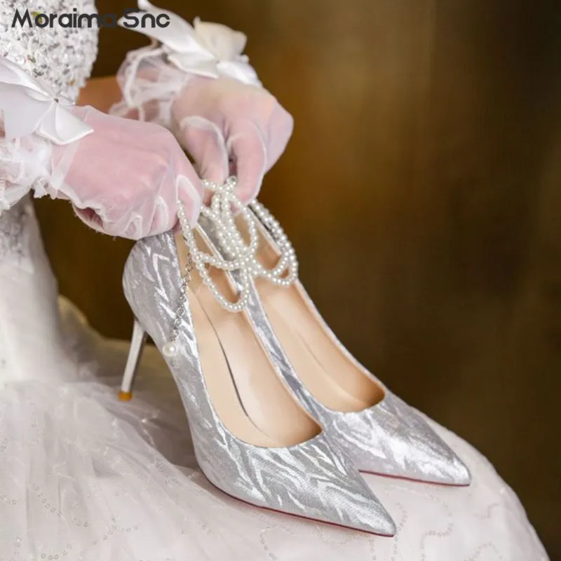 

Glitter Pearl Chain Wedding Shoes New Pointed Toe Stiletto Sequin Pumps Noble Fashion Wedding Dress Fantasy High Heels