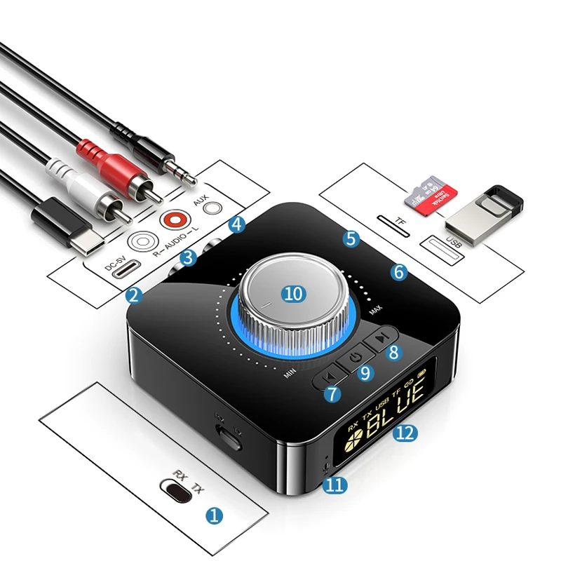 

Audio Bluetooth 5.0 Receiver Transmitter Stereo AUX 3.5mm Jack RCA Handsfree Call TF U-Disk Play Wireless Adapter For TV PC Car
