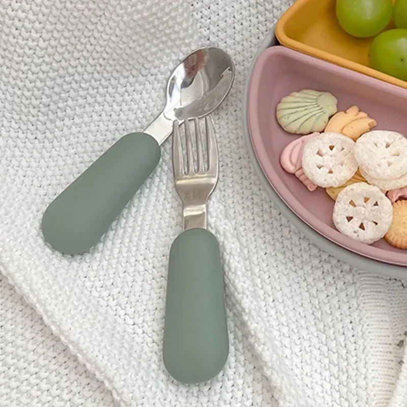 Baby Silicone Tableware Set Children Utensil Stainless Steel Toddler Dinnerware Cutlery Cartoon Infant Food Feeding Spoon Fork