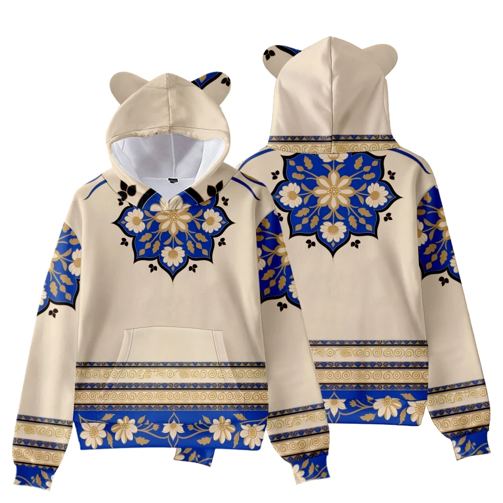 Orientalischer Streetwear-Damen-Kapuzenpullover, auffälliger goldener chinesischer Drache und Blumendruck mit niedlichen Bärenohren, Sweatshirt im Harajuku-Stil – Detail 13