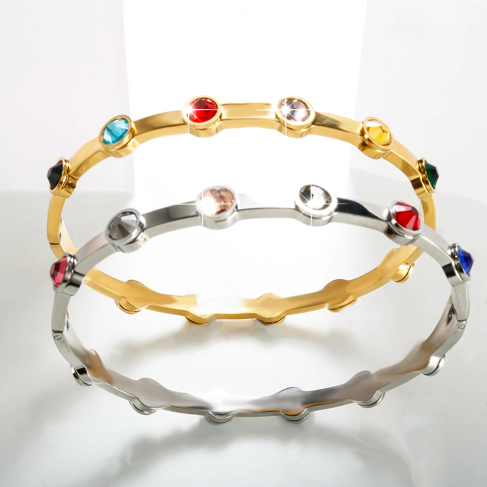 Rainbow Rhinestone Stainless Steel Bangle for Women 2023 New in Gold Plated Jewelry Luxury Gold Color Girlfriend Friend Gift 6