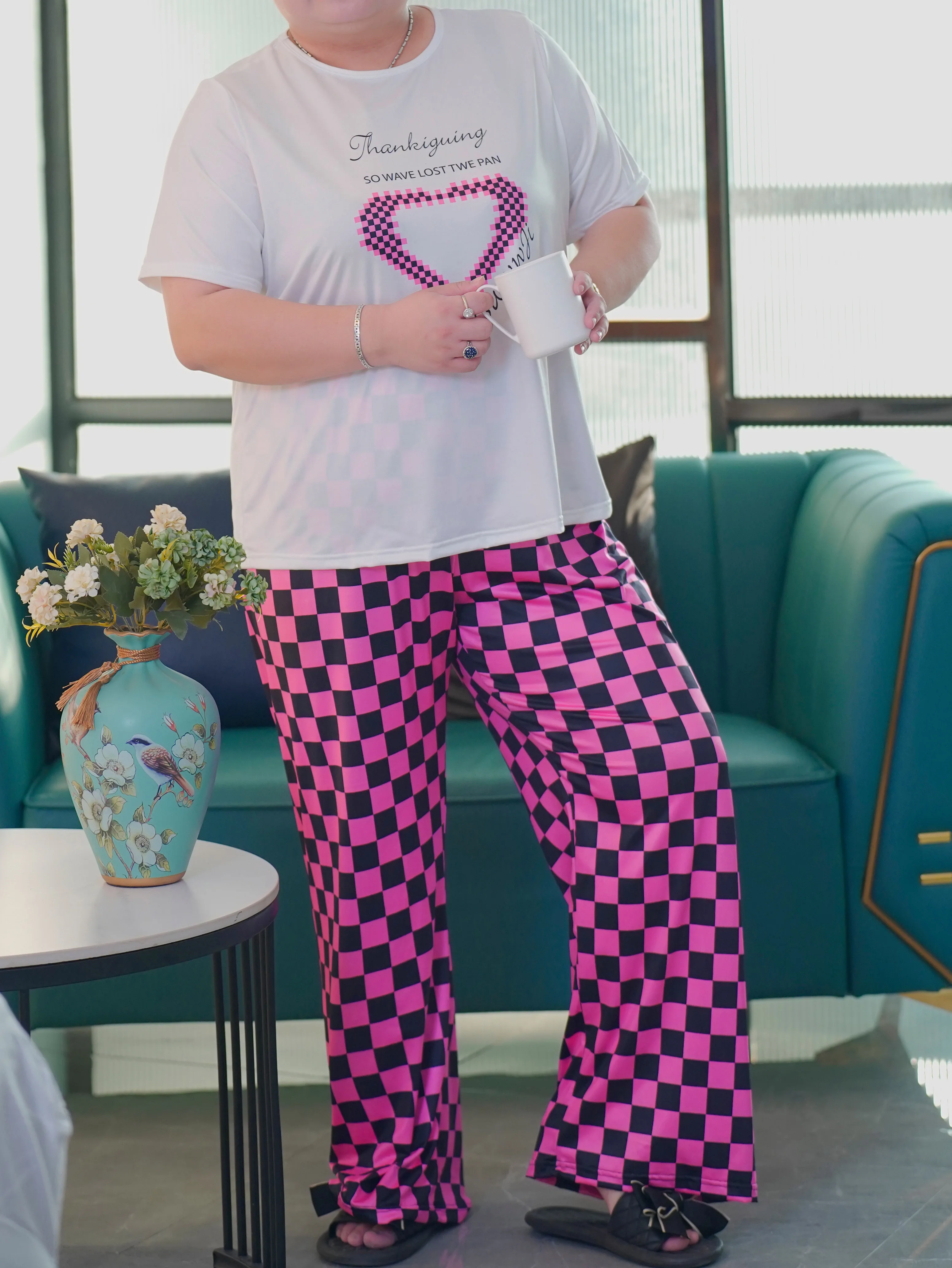 Plus size home suit, short sleeved shorts and long pants three piece set, plus size pajamas can be worn externally