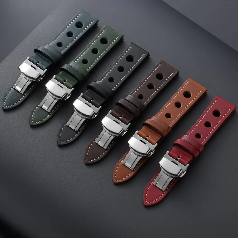 Vintage Brown and Black Oil Wax Cowhide Leather Watch Straps with Butterfly Buckle and Breathable Design