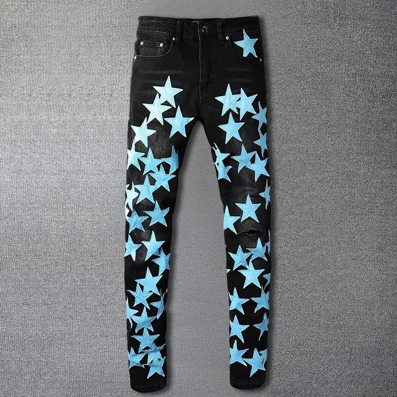 

Blue Star Pattern Patch Street Men's Motorcycle Pant Pantalon Homme Trendy Men's Jeans Punk Denim Long Pants Hip Hop Jeans