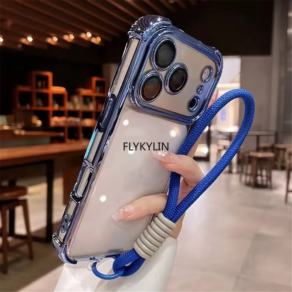 Electroplated Shockproof Phone Case with Hand Strap - Transparent Soft Cover