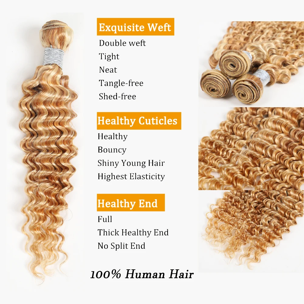 P27/613 Deep Wave Bundles Human Hair Unprocessed Brazilian Virgin Weave Hair 100% Human Hair Extensions Honey Blonde 3 Bundles 2