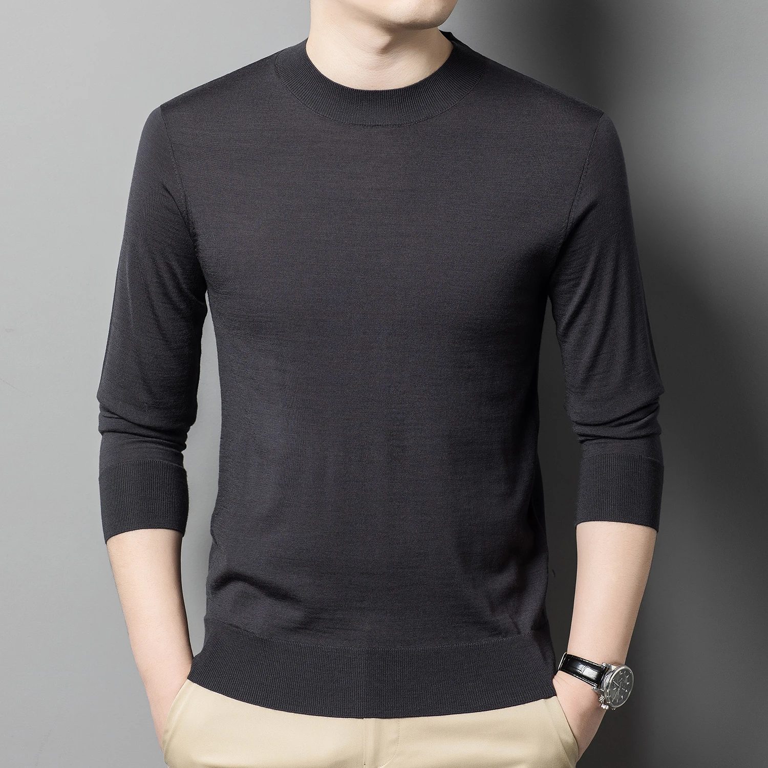 

Men's Luxury Sweater 100% Fine Wool Autumn Thin Solid Color Casual Simple round Neck Pullover Knitting Woolen Sweater