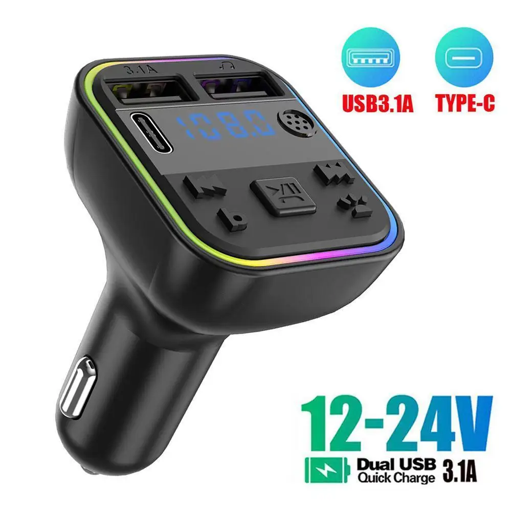 

Dual USB Car FM Transmitter Bluetooth 5.0 PD Type-C Charger Player Colorful Light Ambient 3.1A Fast MP3 Handsfree Modulator