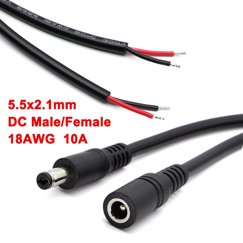 1/2/5 ชิ้น 18AWG 5.5x2.1 มิลลิเมตร DC ชายหรือหญิงปลั๊กแจ็คอะแดปเตอร์ 12 โวลต์ 10A สายไฟ DIY สําหรับกล้องวงจรปิด LED 1
