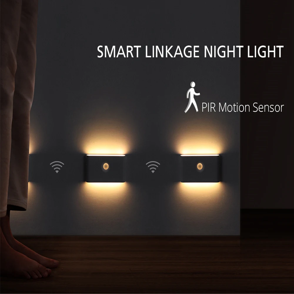 Motion Sensor Wall Lamp USB C Rechargeable Wireless Linkage Induction Smart LED Under Cabinet Light Nightlamp For Stair Corridor