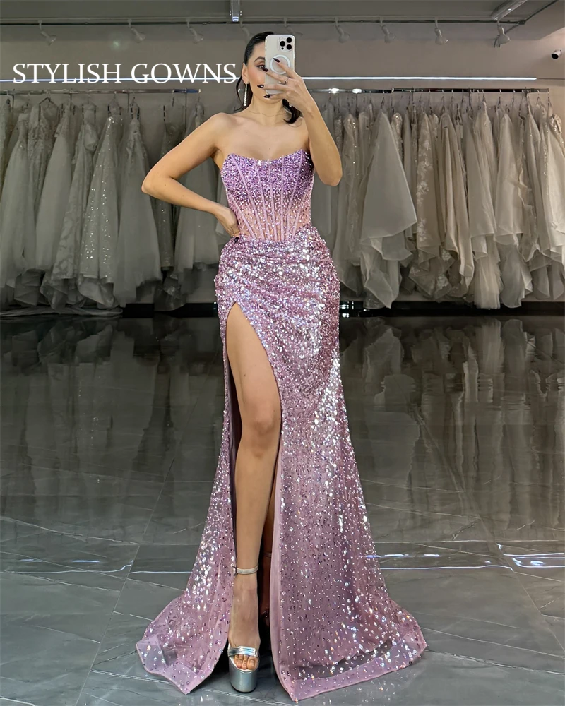 Rhinestone Embellished Sweetheart Sheath Dress with High Side Slit Fuchsia