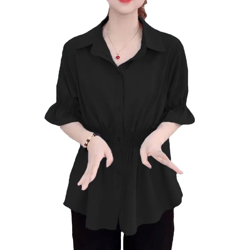 Fashion Lapel Ruffles Shirring Irregular Flare Sleeve Shirt Women's Clothing 2024 Summer New Casual Tops Asymmetrical Blouse
