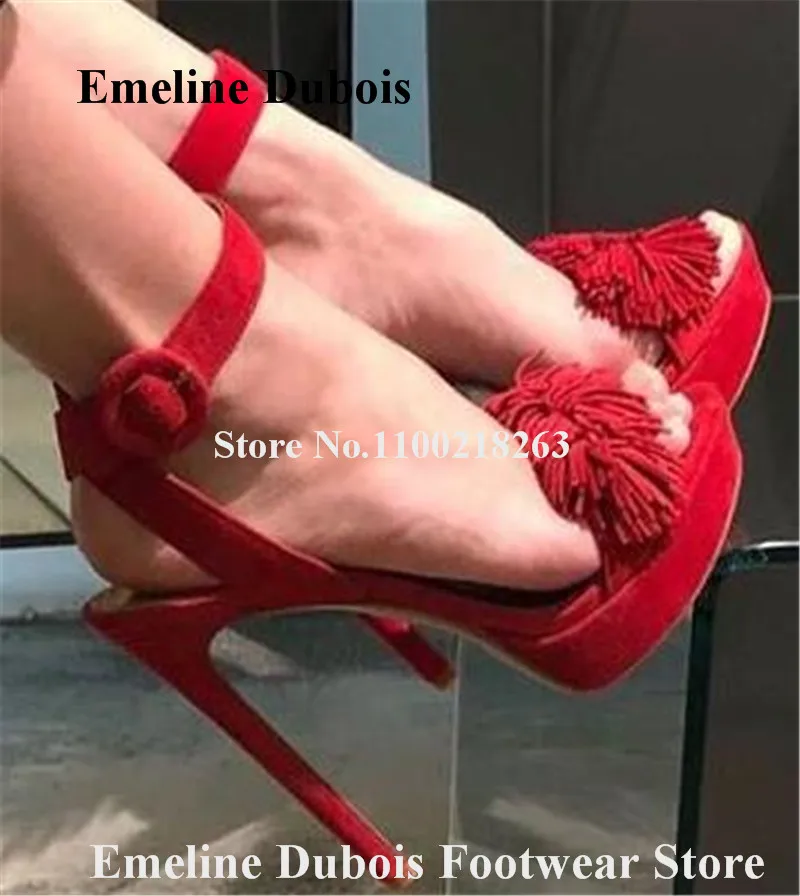 

Red Tassels Sandals Emeline Dubois Open Toe Suede Leather High Platform Fringes Stiletto Heel Sandals Party Wedding High Heels