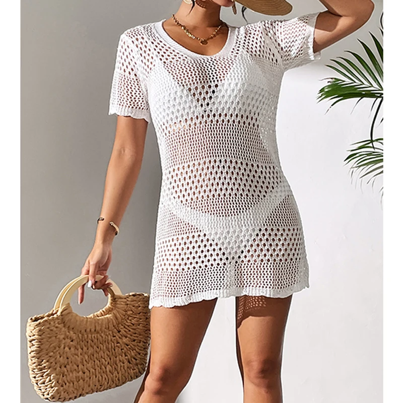 Women Short Sleeved Knit Casual Beach Slim Tops V-Neck Sexy Hollow Out Solid Color Knitting Crochet Cover Up swimsuit cover up swimsuit coverup fishnet cover up