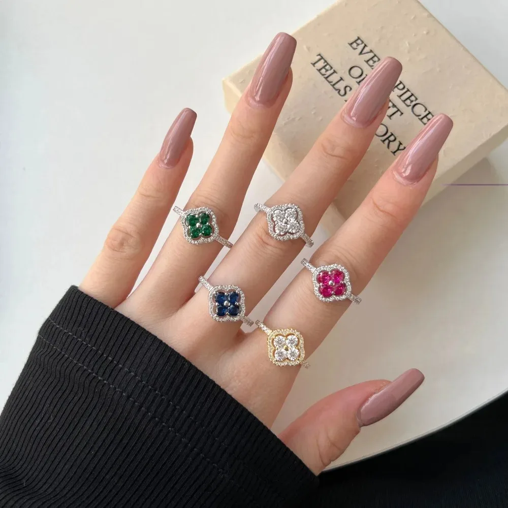 

Real S925 Silver four leaf Clover Rings Women Brilliant Lucky Ring Female 5A Zircon Luxury Jewelry Girl Gift Lady Party Banquet
