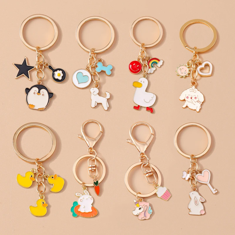 Niedliche Emaille Hund Pinguin Ente Schlüssel bund Tier Kaninchen Schlüssel ring für Frauen Mädchen Handtasche Anhänger DIY Schmuck Zubehör