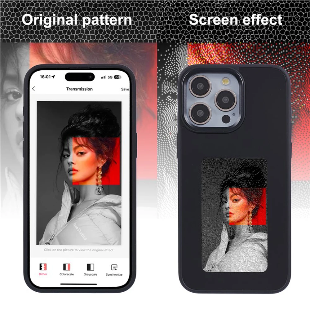 NFC 새로 고침 디스플레이 폰 케이스, 아이폰 13, 14, 15 프로 맥스, 3.7 인치 Eink 스크린, 4 가지 색상, 앱 새로 고침 백 커버, 배터리 없음