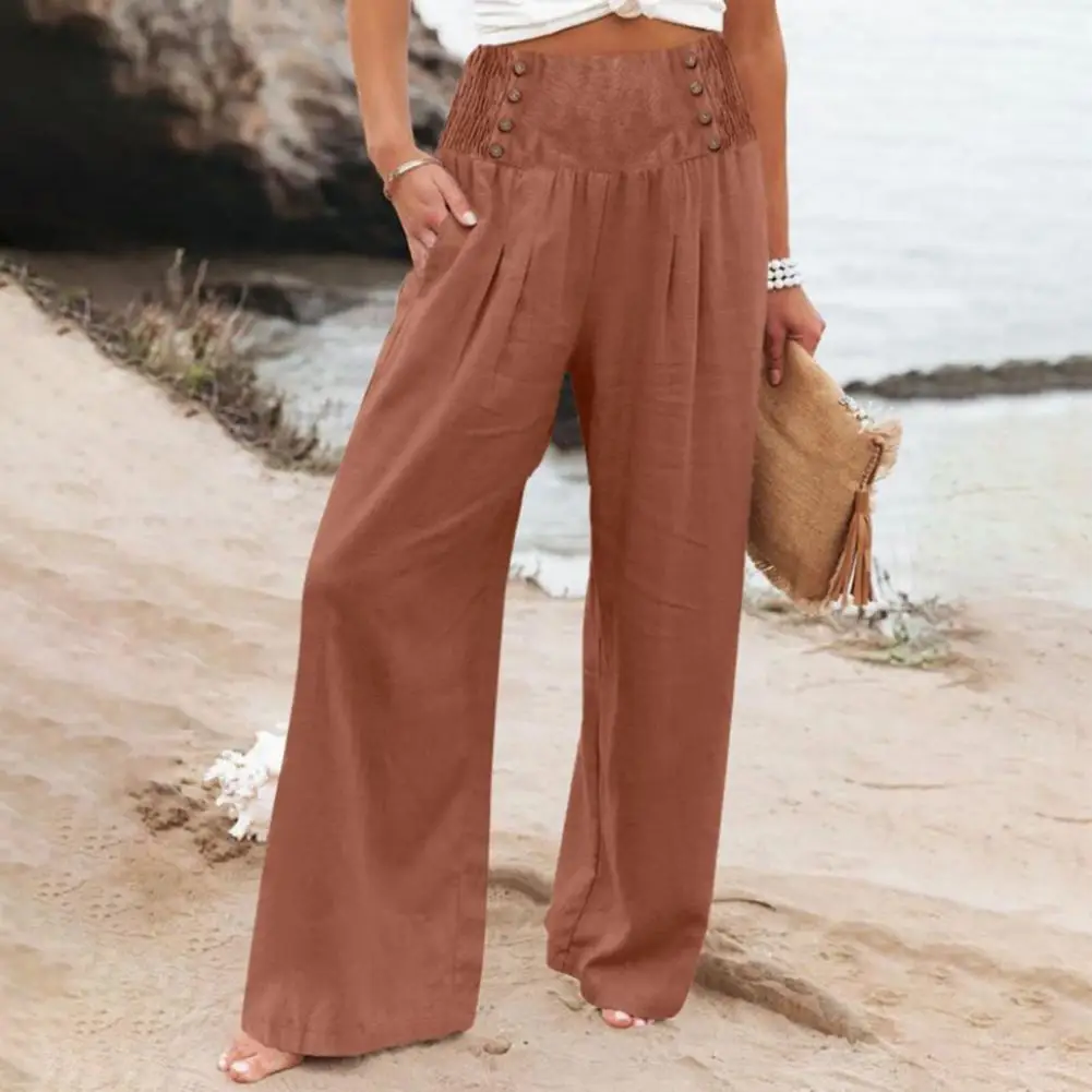 

Elastic Waistband Pants Stylish Women's Wide Leg Pants with Elastic Waist Button Detail Spring Summer Trousers for Streetwear