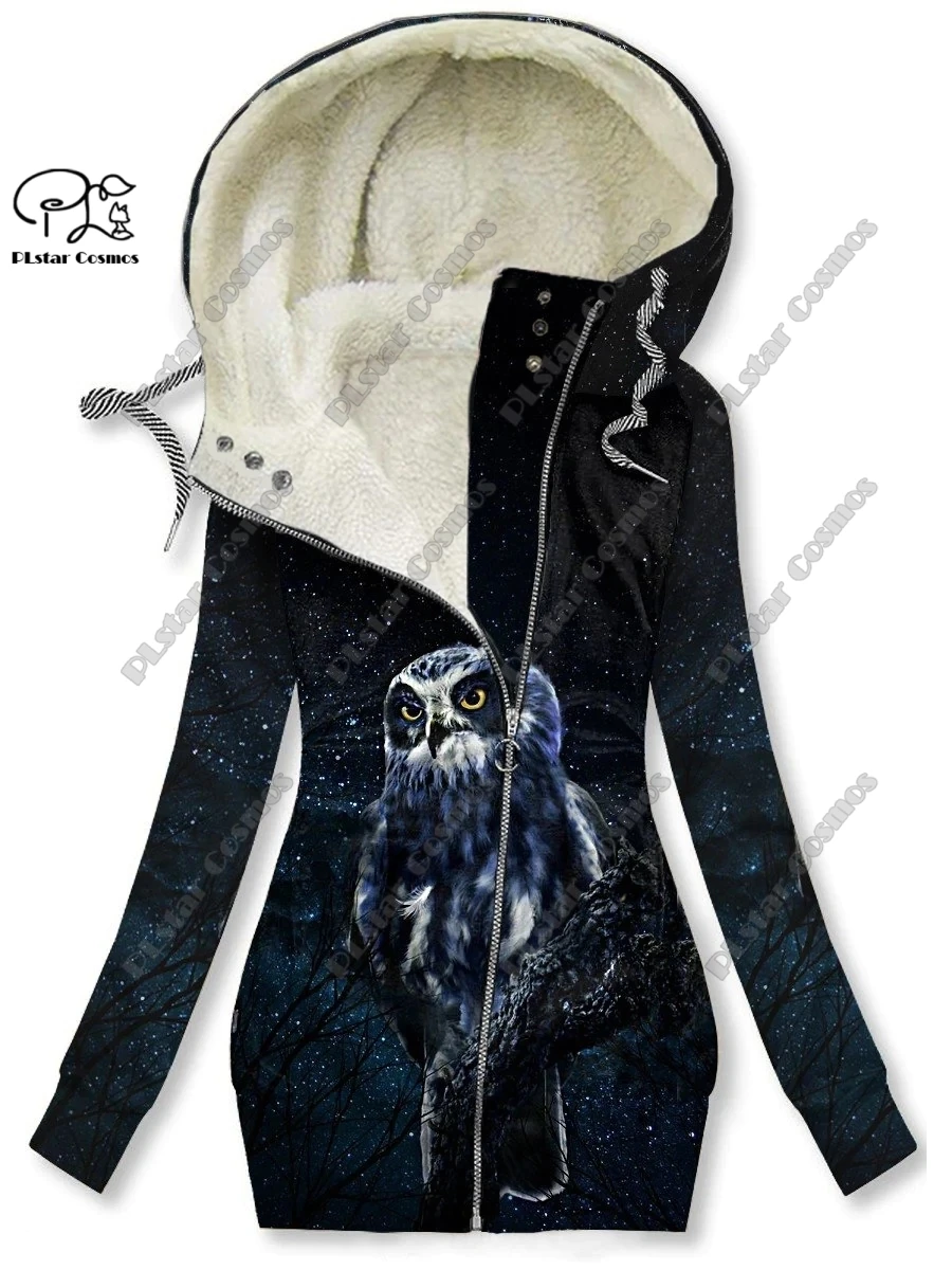 New 3D printed animal series cute owl pattern plus velvet warm women's long zipper hoodie coat commuting casual winter M-6