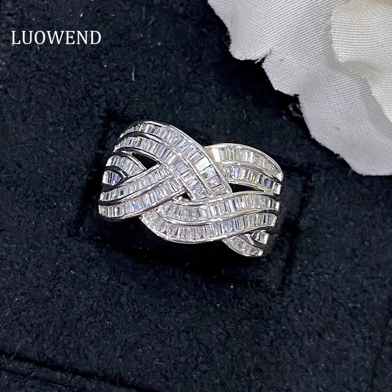 LUOWEND 18K White Gold Rings Real Natural Diamonds 0.80carat Rings Fashion Woven T-Square Shape Wedding Jewelry for Women wholesale luxury square aaaaa cz engagement rings for women 925 sterling silver wedding rings jewelry bridal set