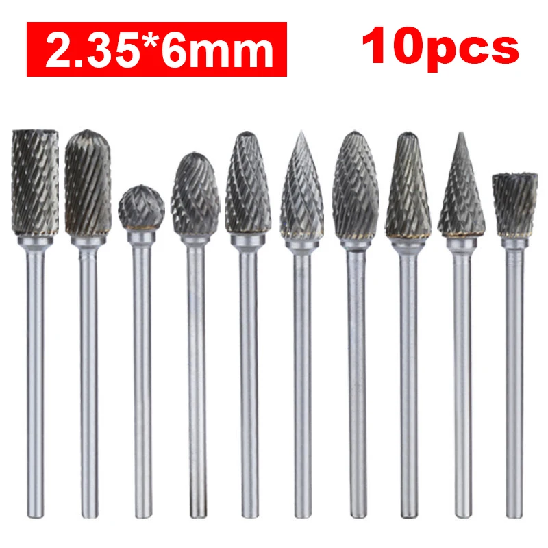 10PCS 2.35x6mm 45-50mm Carbide Rotary File Tungsten Coarse Toothed Double Cut with Plastic Box for Polishing Carving 10pcs set tungsten electrodes tig welding rods wz8 argon arc zirconium tungsten electrode tungsten needle 150mm