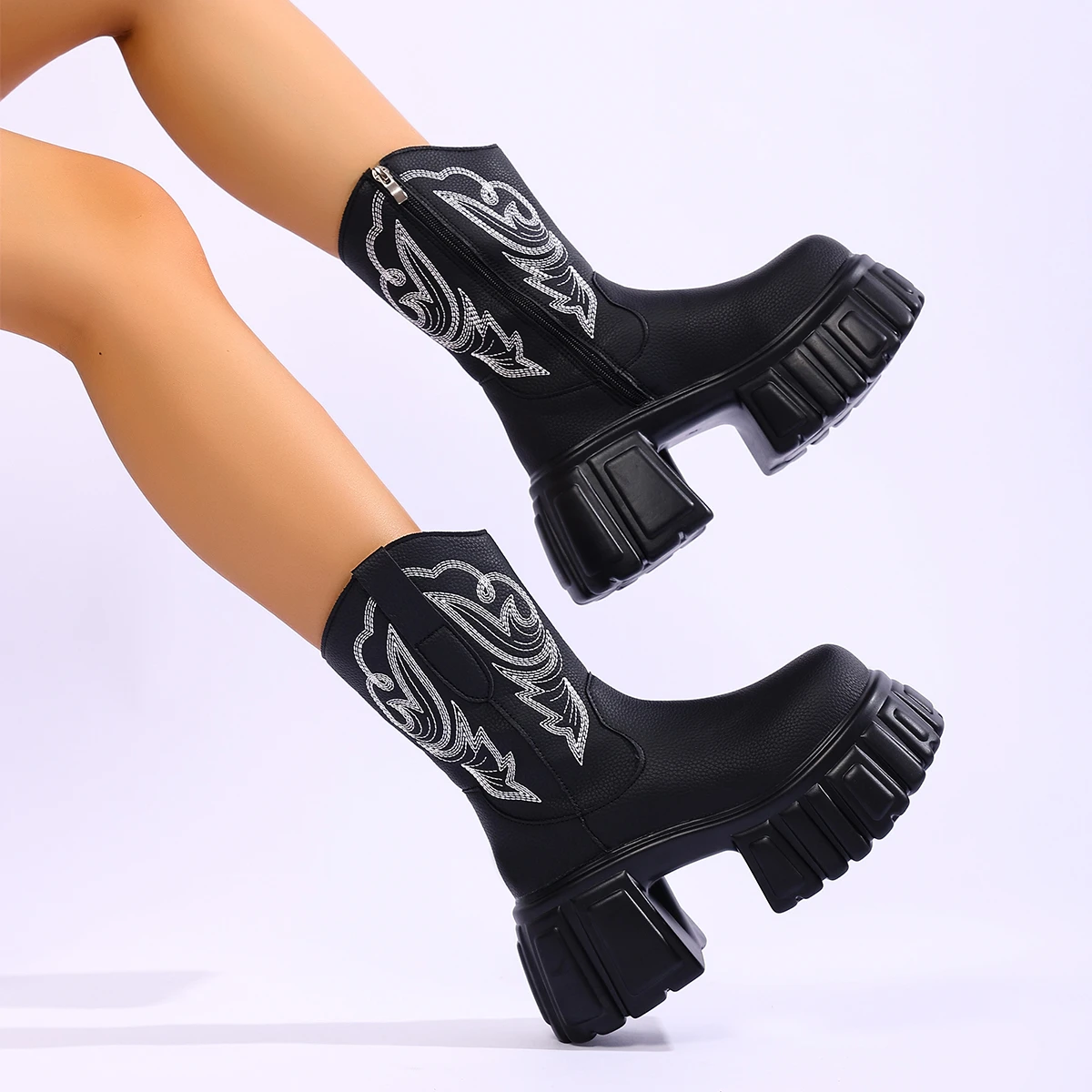 Aphixta Chunky Heels Fashion Woman Ankle Boots Side Zipper Round Toe Woman Winter Shoes Sewing Embroidery Modern Boots Size 42