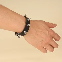 Edgy Black Leather Spike - Studded Punk Wristband Cuff Bracelet - Adjustable Unisex Accessory (Single Row)