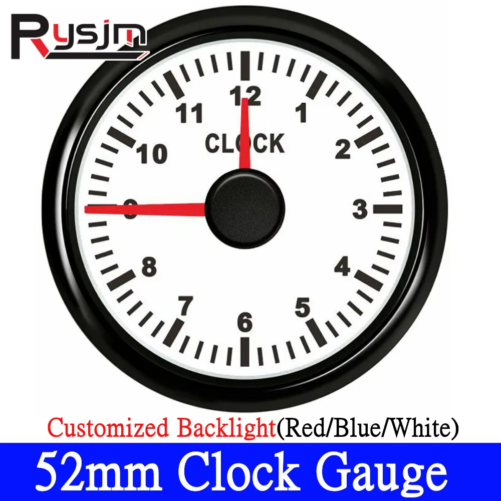 Car Clock Waterproof 52mm Gauge 0-12 Hours With Red Light Customized Backlight White/Blue Merer Hourmeter for Car Truck 9-32V