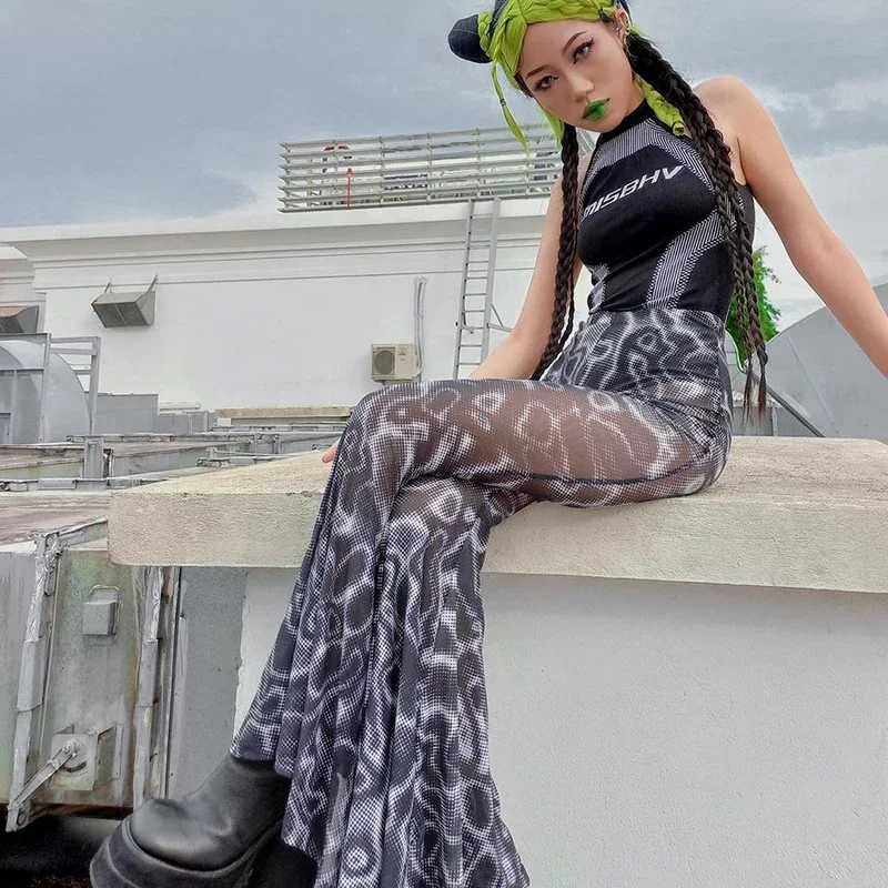 2024 New  Balck Mesh Water Ripples Floral-Print Casual Pants for Women High Waist See Through Flared Trousers  Streetwear Women