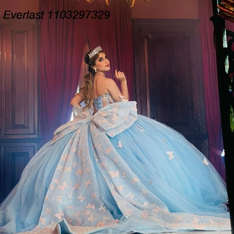 EVLAST Mexican Blue Quinceanera Dress Ball Gown Butterfly Applique Beaded Bow Sweet 16 Vestidos De XV 15 Anos TQD732
