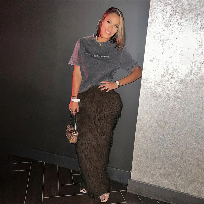 2024 American Style Women's Casual High Waisted Faux Fur Trousers All-match Simple Long Pants Solid Streetwear Straight Pants