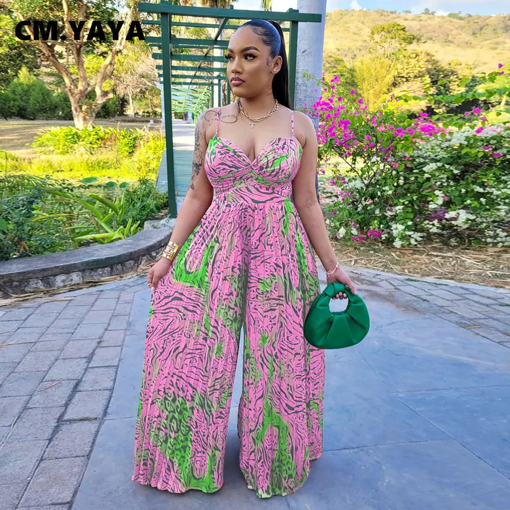 CM.YAYA Women Leopard Spaghetti Strap Loose Wide Leg Sleeveless